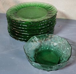 8 Green Glass Plates And 1 Bowl