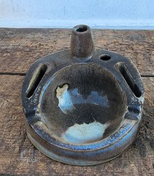 Round Pottery Ashtray With Cigarette And Match Holders