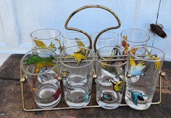 Mid Century Glasses And Rack - Birds - Not Sure If They Go Together