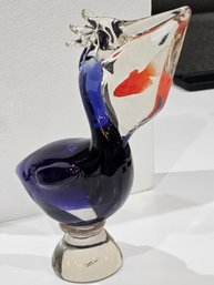 Beautiful Glass Pelican With Fish In Mouth - 9x9
