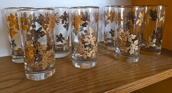 8 - 1960s Libbey Raised Gold Maple Leaf Highball Glasses