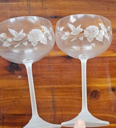 #5 - 2 Avon French Crystal Hummingbird Frosted Stem Champagne Glasses