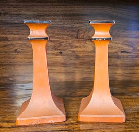 #166 - 1930s Art Deco Czech Candlestick Holders Orange Tango Glass