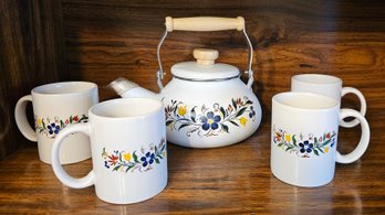 #180 - New Tea Kettle  & 4 Matching Mugs