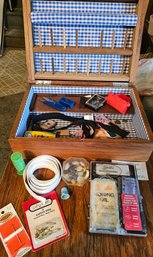 #213 - Wooden Sewing Box & Contents