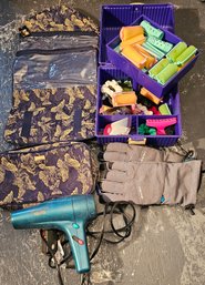#65 - Rollers, Hair Dryer, Travel Cosmetics Case, NWT Gloves