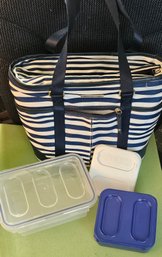 N - Arctic Zone Blue Stripe Lunch Bag With Containers  & Ice Pack