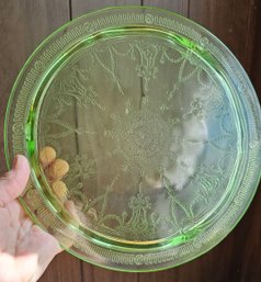 #180 - Depression Glass Cake Plate- Green Cameo