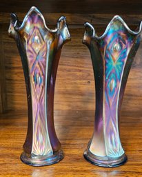 #58 - 2 Fenton Cobalt Blue Peacock Carnival Glass Vases