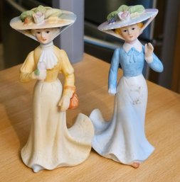 #166 - Pair Of Porcelain Ladies, Blue Dress Lady Hand Reglued
