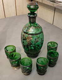 #193 - Sterling Silver & Green Depression Italian Glass - Decanter Set