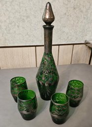 #194 - Sterling Silver And Green Depression Italian Decanter Set