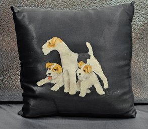 Vintage Satin Pillow With Hand Painted Fox Terriers 11 X 11