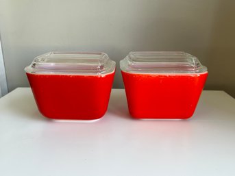 Pair Of Red Pyrex Refrigerator Dishes With Lid Small -J