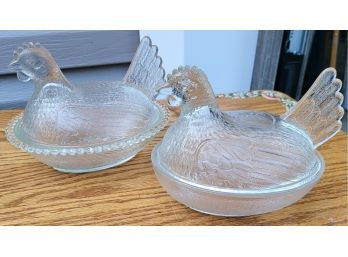 Two Glass Covered Hens