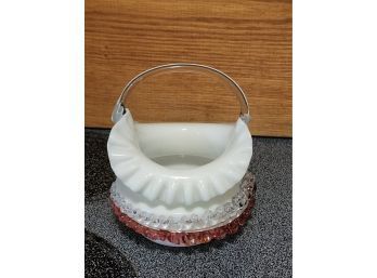 6' White And Pink Ruffled Milk Glass Basket