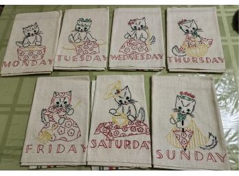 NOS Embroidered Kitten Day Of The Week Tea Towels