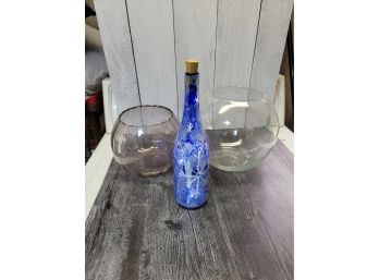 Bottle With Lights And Two Round Bowl Vases