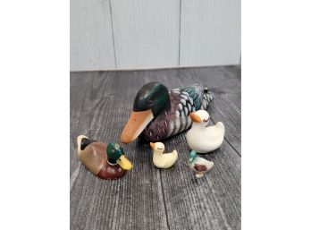 5 Ducks, Ceramic, Bisque, Wood  And Metal