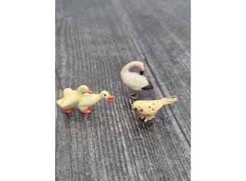 Miniature German Bisque Ducks, Bisque Goose And Plastic Sparrow