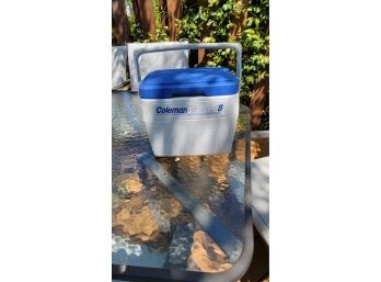 White/blue Coleman Cooler