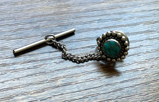 Silver Tone Tie Tack With Turquoise Color Accent