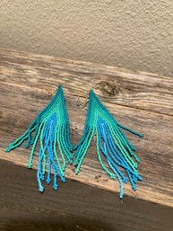 Teal And Turquoise Color Beaded Fringe Earrings