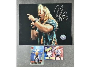CHRIS JERICHO AUTOGRAPHED 8X10 PHOTO & 2 TRADING CARDS ~ WITH COA ~ WWE