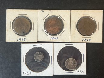 PRE 1860 US COINS SILVER 90 LARGE CENT & 2 CENT