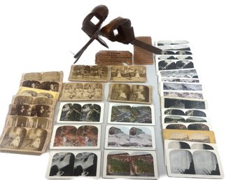 SET OF ANTIQUE STEROSCOPIC VIEWERS WITH 33 STEREOGRAPHS