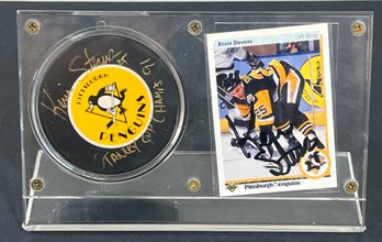 Kevin Stevens Autographed Hockey Puck & Card With Display
