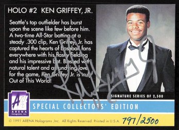 Autographed Ken Griffey Jr 1991 Arena Holograms With COA /2500