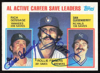 1984 Topps Baseball Rollie Fingers/Rich Gossage/Dan Quisenberry AL Active Career Save Leaders - On-card Autos