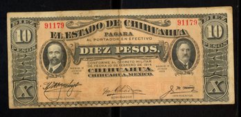 1915 Chihuahua Mexico 10 Pesos Banknote