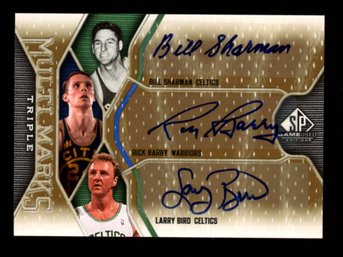 2009 SP GAME USED AUTOGRAPHED LARRY BIRD / RICK BARRY / BILL SHARMAN #'D 710