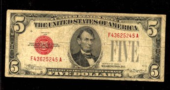 1928 C FIVE DOLLAR BILL US CURRENCY RED NOTE