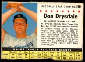 1961 Post Baseball Don Drysdale #160 Los Angeles Dodgers Vintage