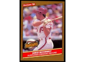 1986 Donruss Highlights Baseball Mike Schmidt Surpasses DiMaggios Record #36 Philadelphia Phillies HOF