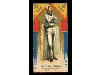 1880s ILLUSTRATED  SWEET CAPORAL / KINNEY TOBACCO CARD MILITARY UNIFORMS SPAIN 1886