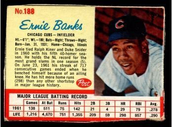 1962 POST BASEBALL #188 ERNIE BANKS