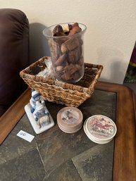 Basket Decor Lot With Glass Vase Coasters