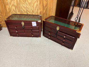 Wood Display Case Locking Glass Top Lot Of 2