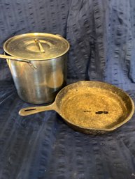 Cast Iron Pan And Stainless Pot Lot