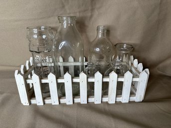 Glass Bottle Lot White Wood Basket