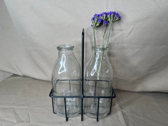 Glass Bottles With Metal Holder Vase