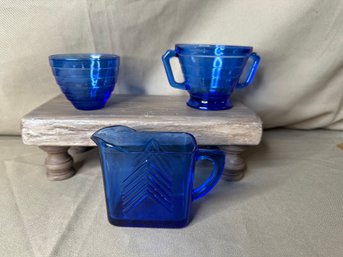 Blue Glass Lot Of Three Bowl Creamer