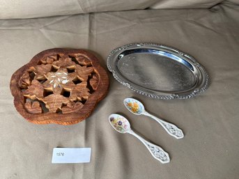 Wood Trivet And Avon Porcelain Spoons