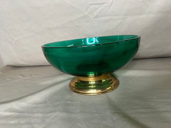 Green Glass Bowl With Brass Base