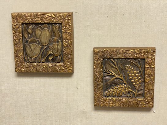 Pair Of Mid Century Brassy Wall Plaques By Syroco Woods