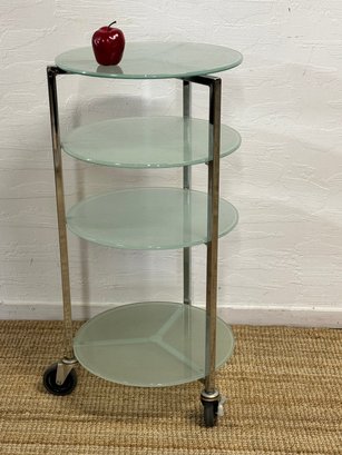 Round Glass And Chrome Four Tier Rolling   Cart / Shelving  37 X 19